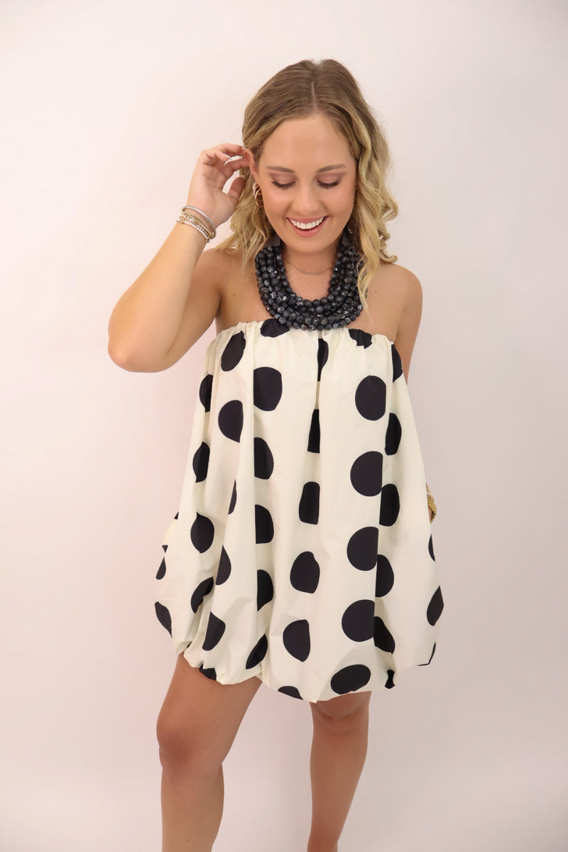 Black & White Polka Dot Bubble Mini Dress – Moda Boutique