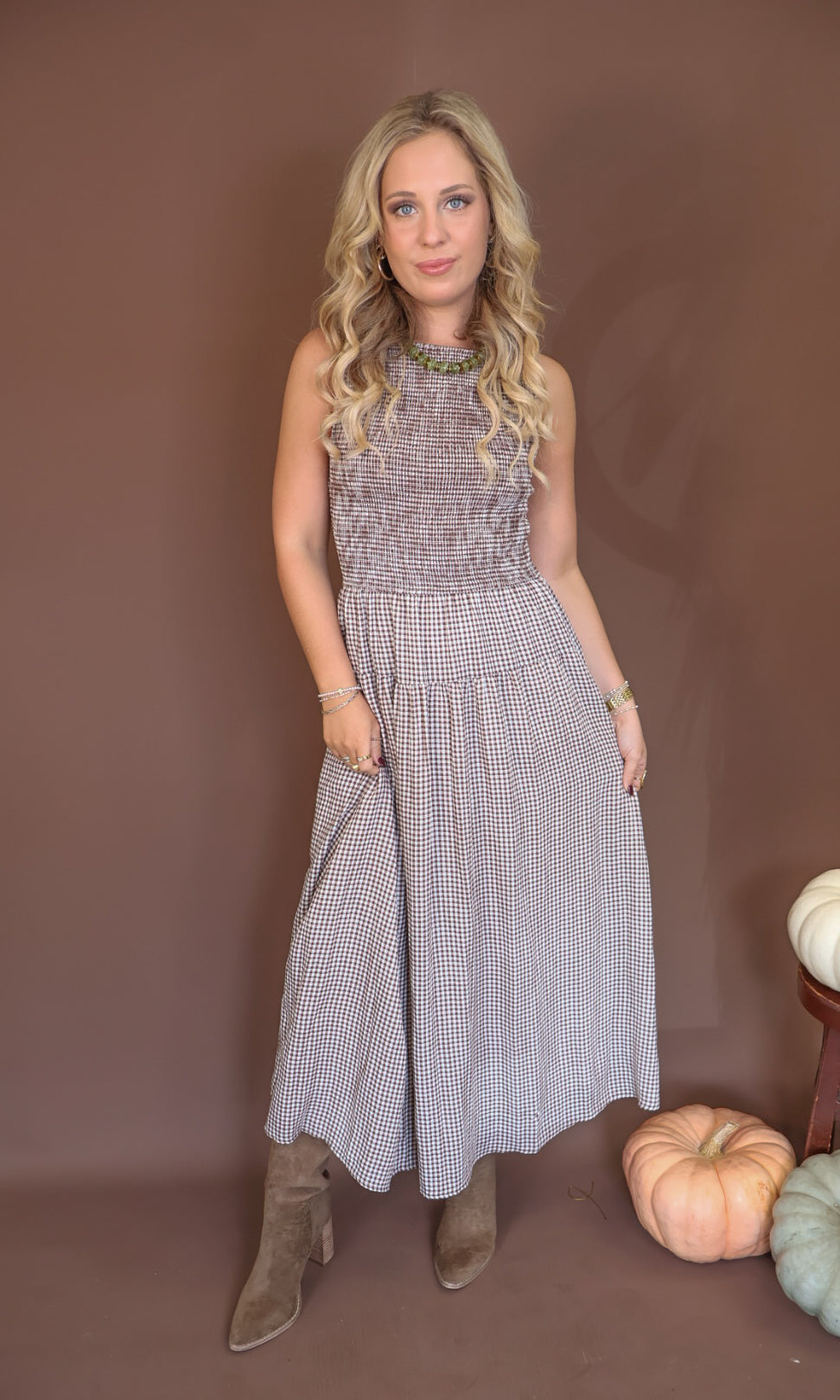 Brown Gingham Smocked Sleeveless Midi Dress — front view.