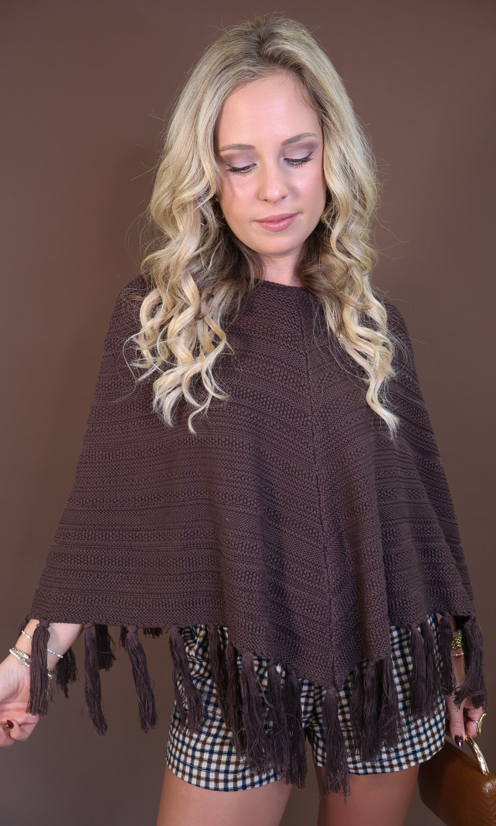Chocolate Brown Crochet Fringe Poncho Top — front view.