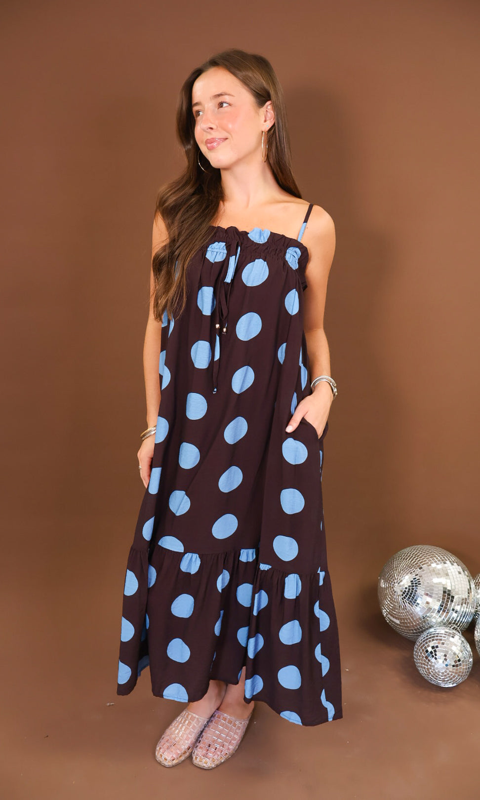 Brown & Blue Polka Dot Maxi Dress