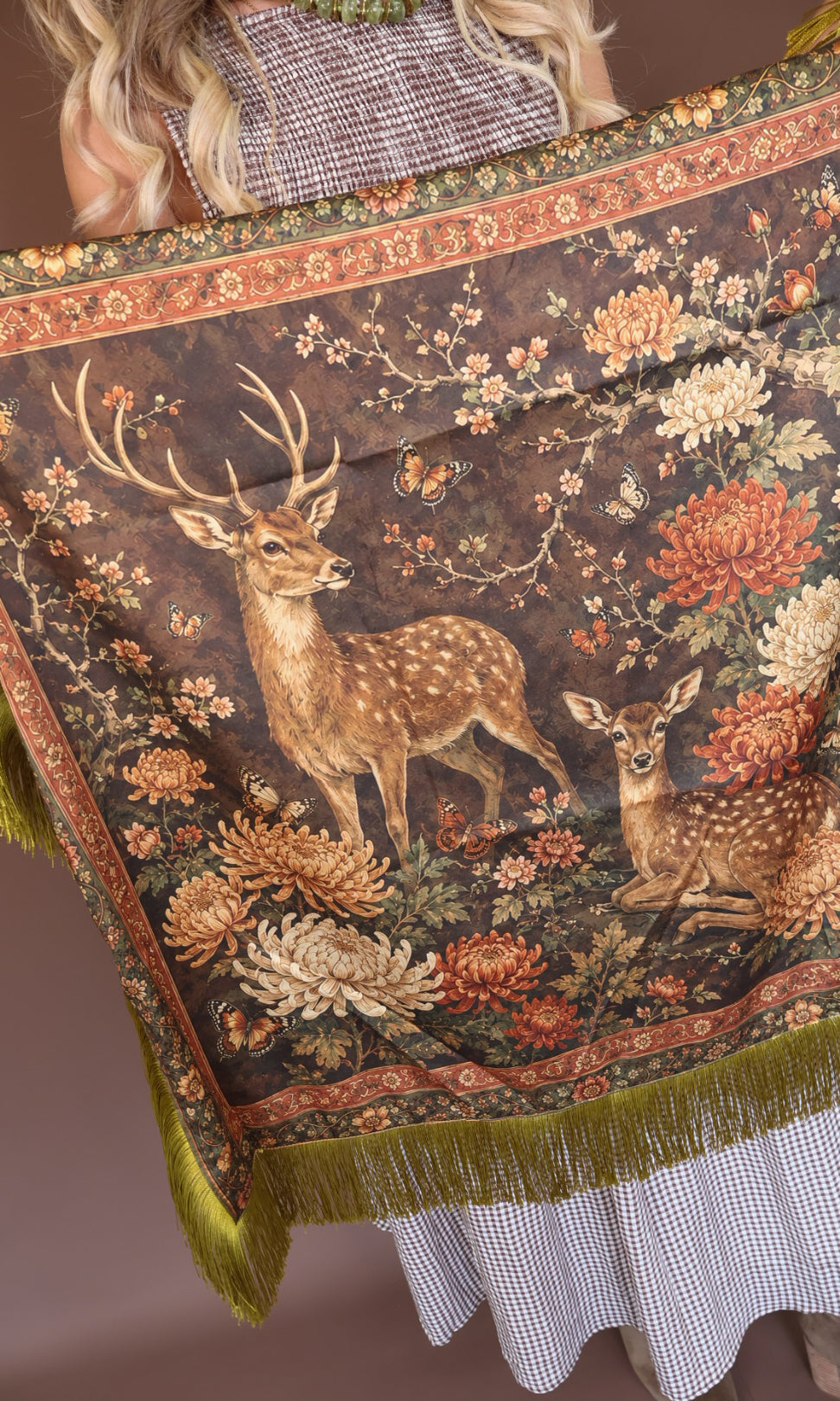 Green Deer Print Fringe Square Scarf — close-up of deer and woodland print.