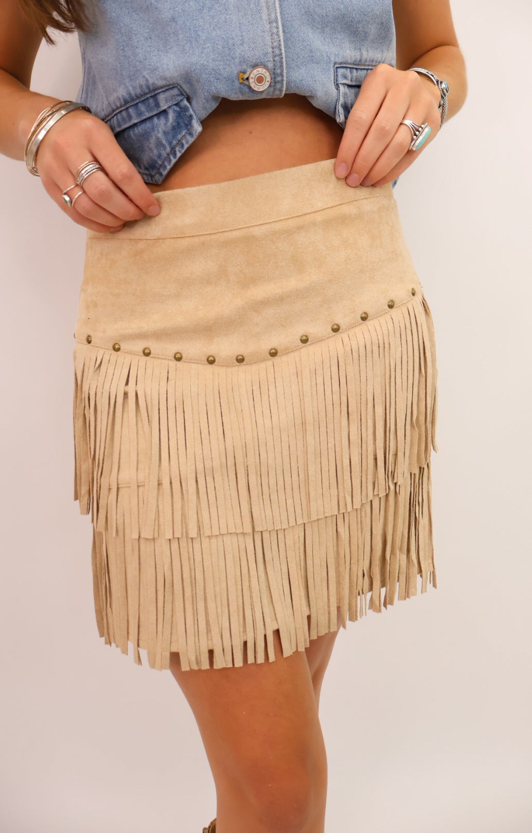 Studded Fringe Suede Skirt - Taupe