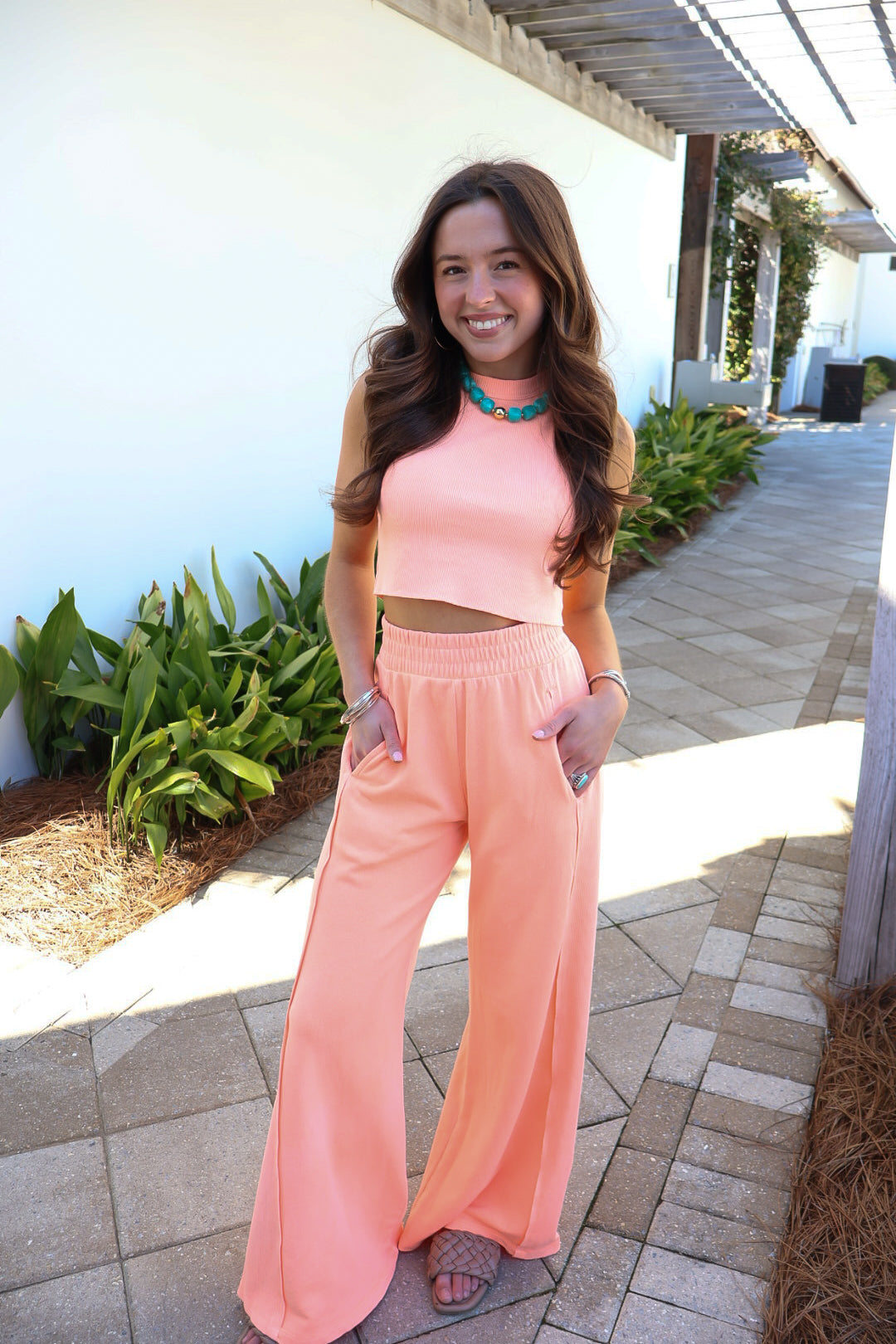 The Everyday Escape Ribbed Tank Set - Neon Coral