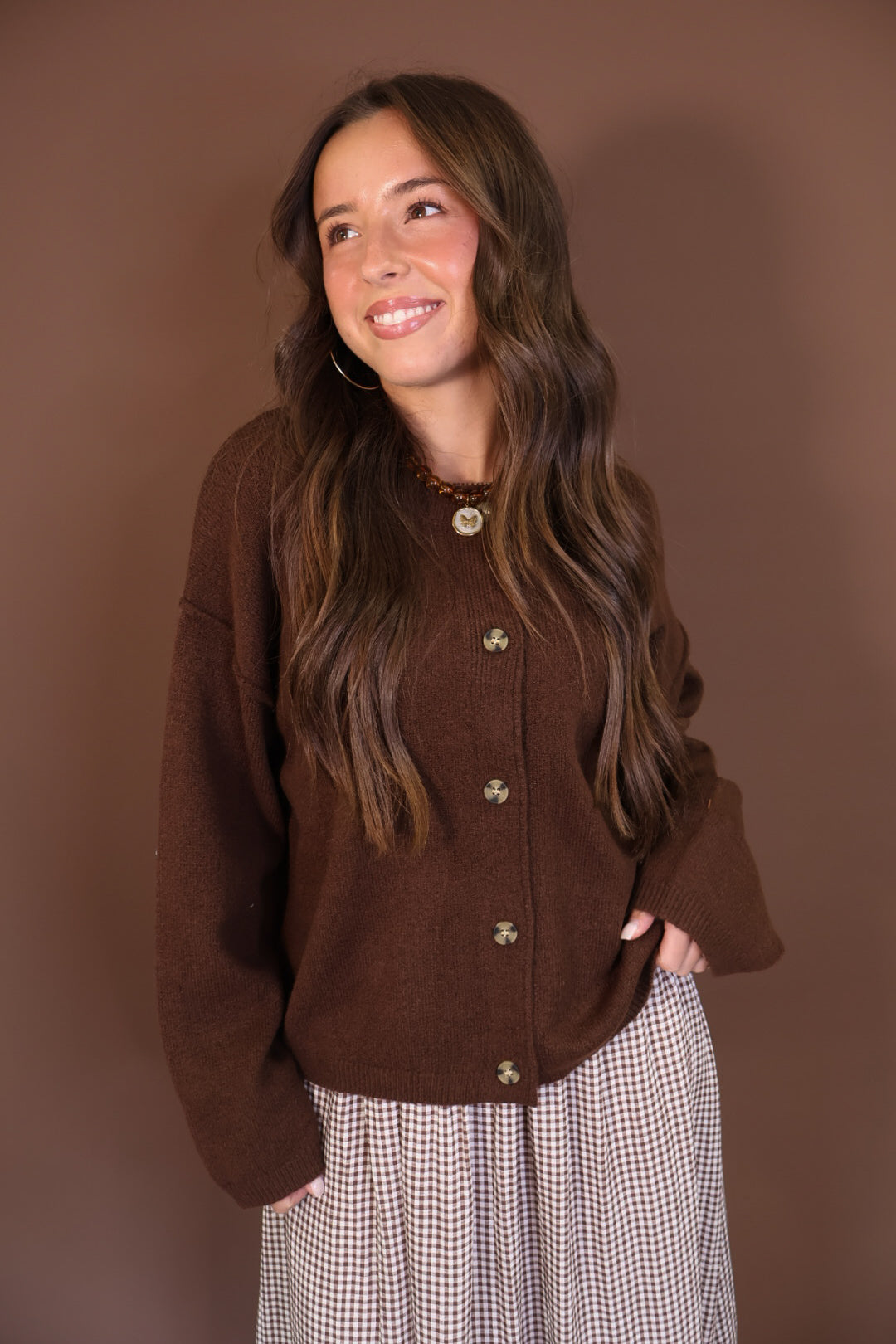 Chocolate Brown Button-Front Cardigan — front view.