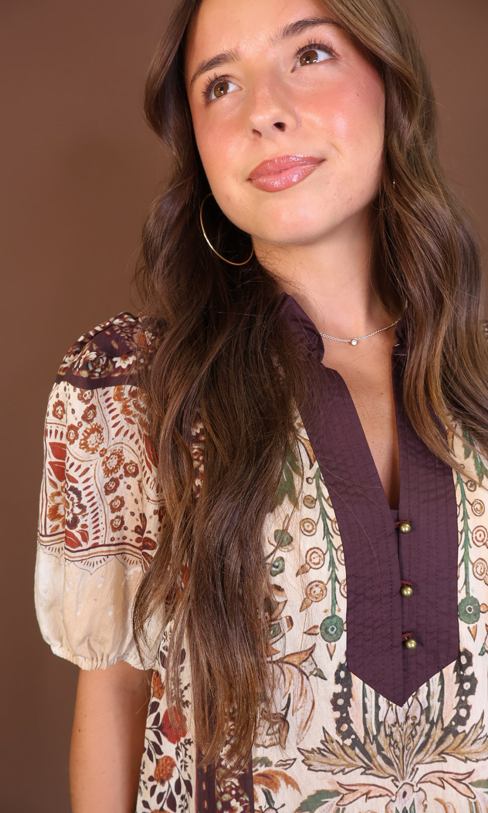 Boho Print Short Sleeve Midi Dress — close-up of neckline panel.