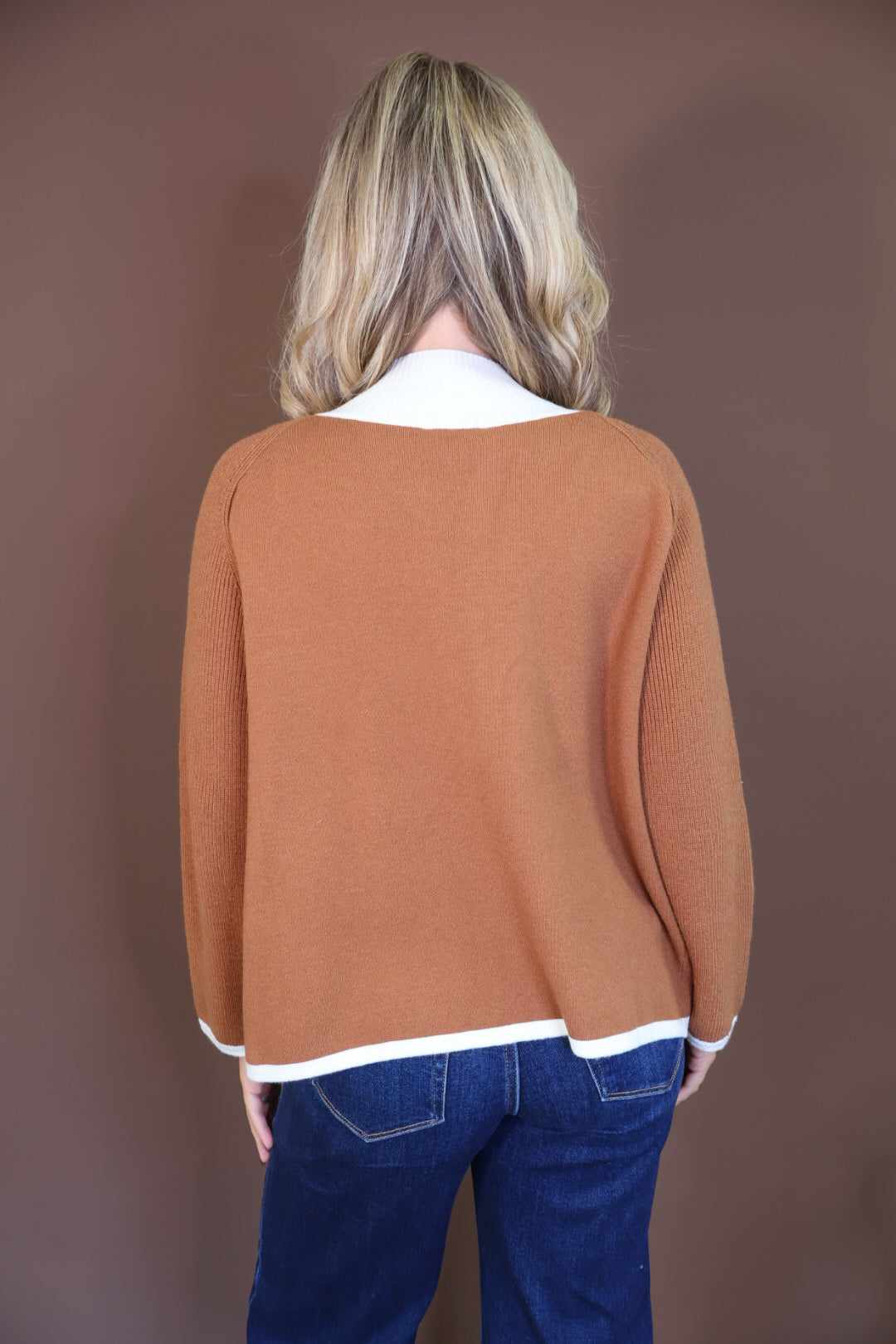 Camel Horsebit Detail Open-Front Cardigan — back view.