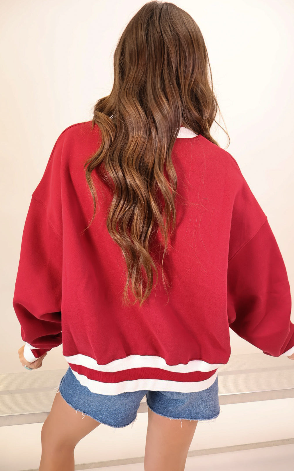 Crimson Alabama varsity mockneck pullover with white appliqué lettering — view 4