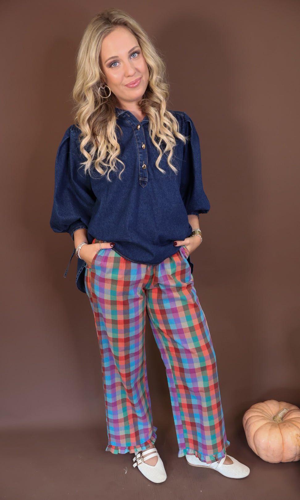Multicolor Plaid Ruffle Hem Pants — full outfit with a navy top.