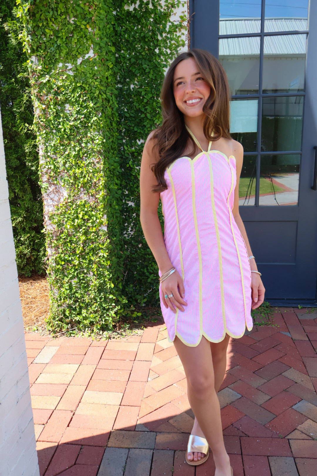 Pink + Yellow Scalloped Halter Mini Dress