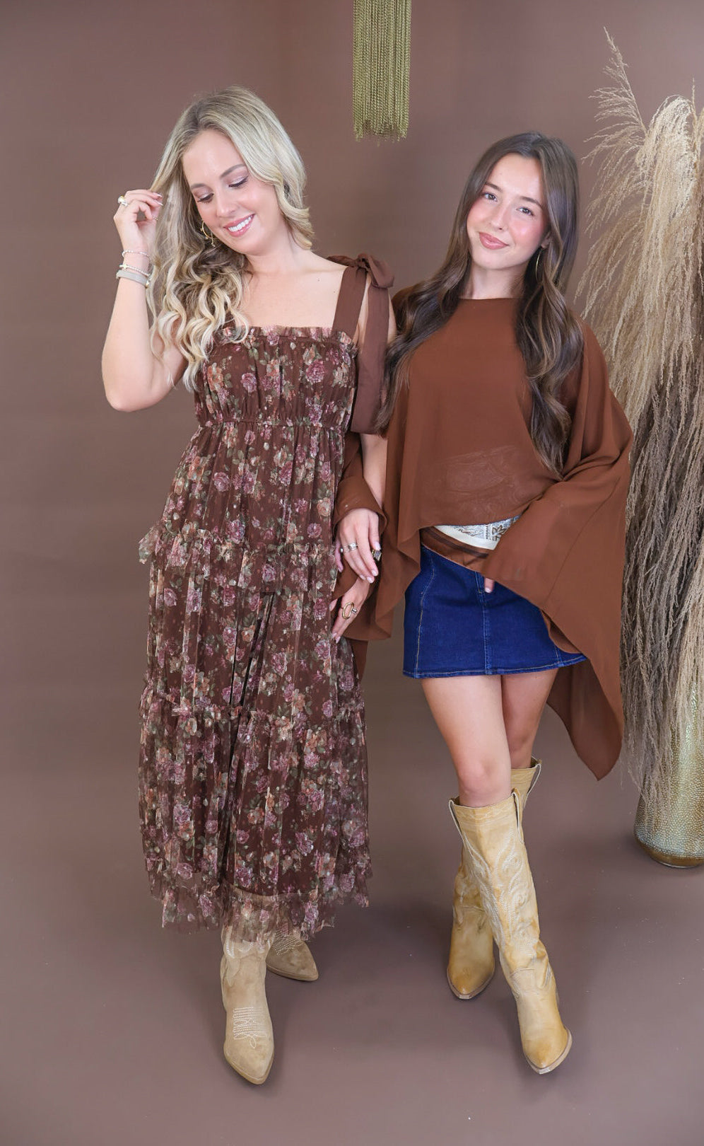Chocolate floral mesh tiered midi dress with shoulder ties and smocked back