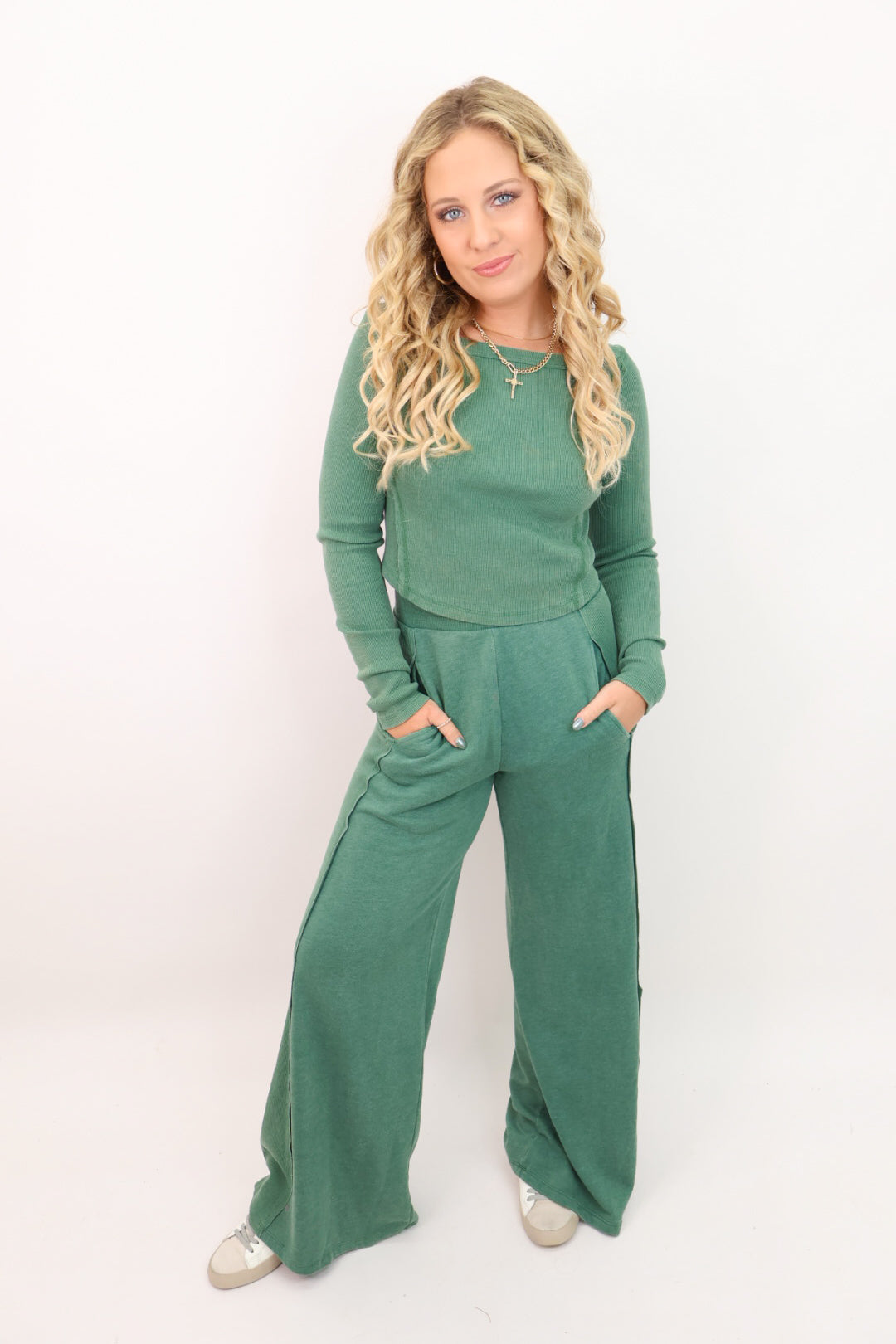 Everyday Wide Leg Pants and Top Set - Hunter Green