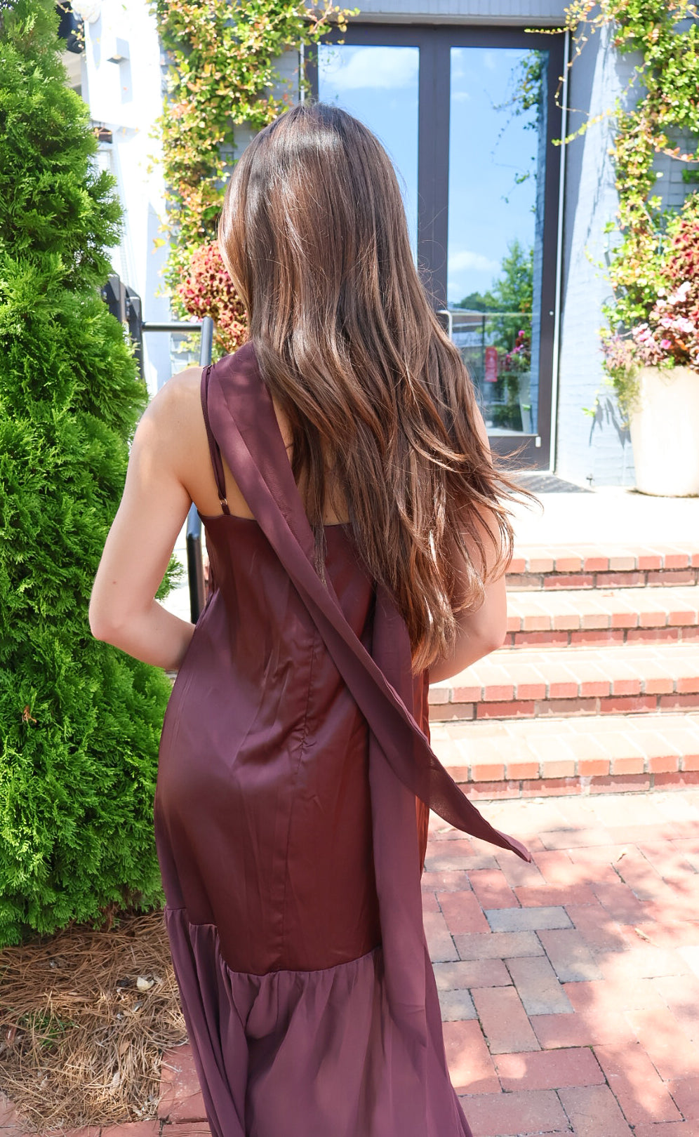 Chocolate brown satin slip maxi dress with adjustable straps and a detachable neck scarf