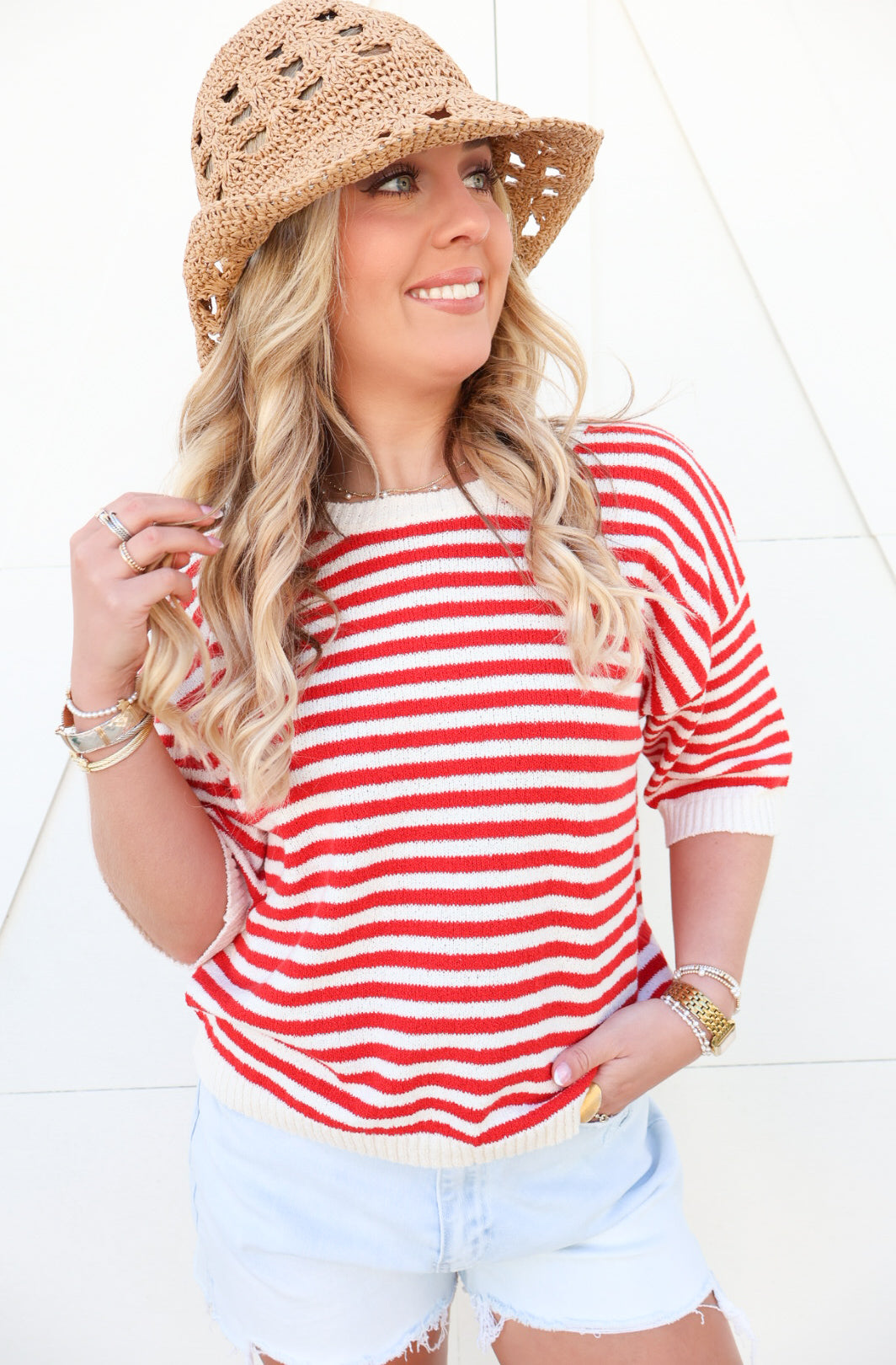 Red & White Stripe Button Back Top