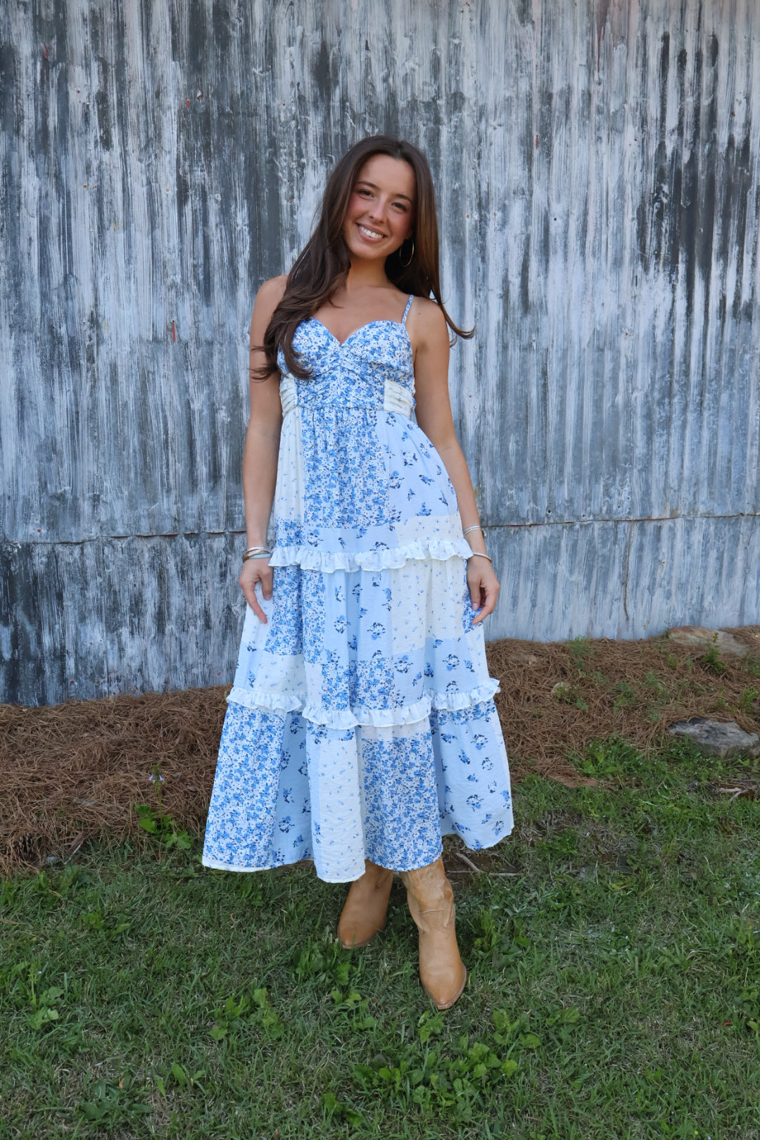 Blue Floral Patchwork Midi Dress