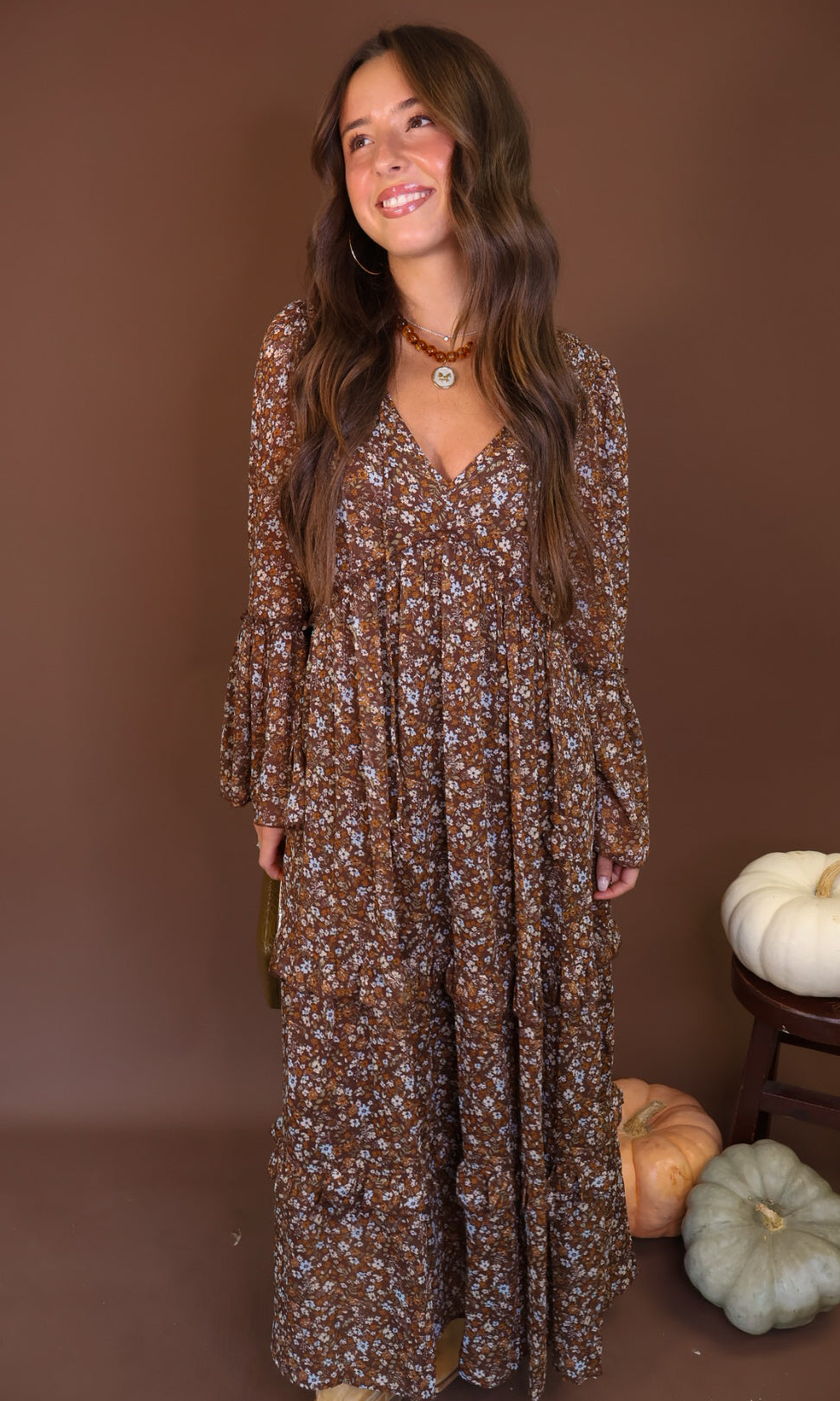 Brown Floral Long Sleeve Midi Dress — front view.