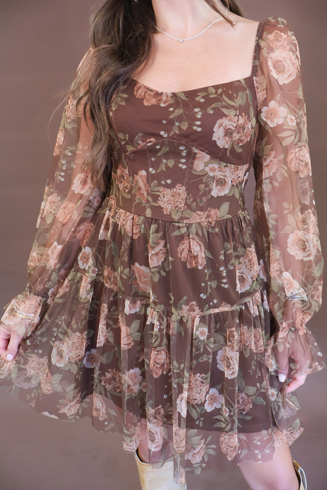Brown floral mesh dress with sheer long sleeves