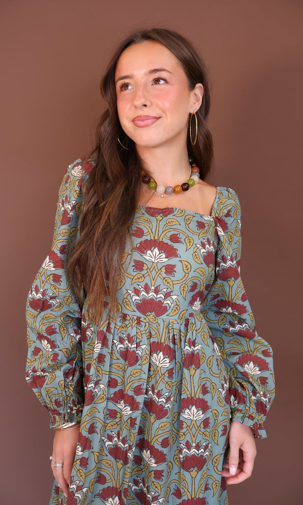 Sage And Burgundy Floral Long Sleeve Maxi Dress — close-up of square neckline.