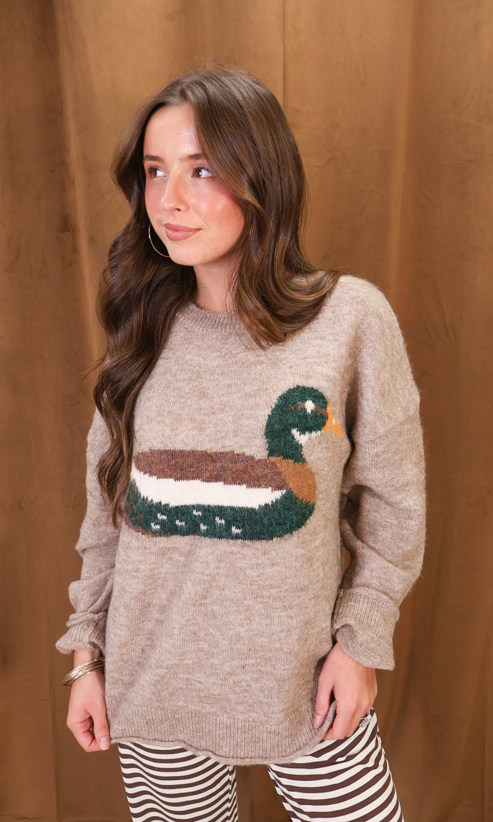 Mocha Mallard Graphic Sweater — front view.