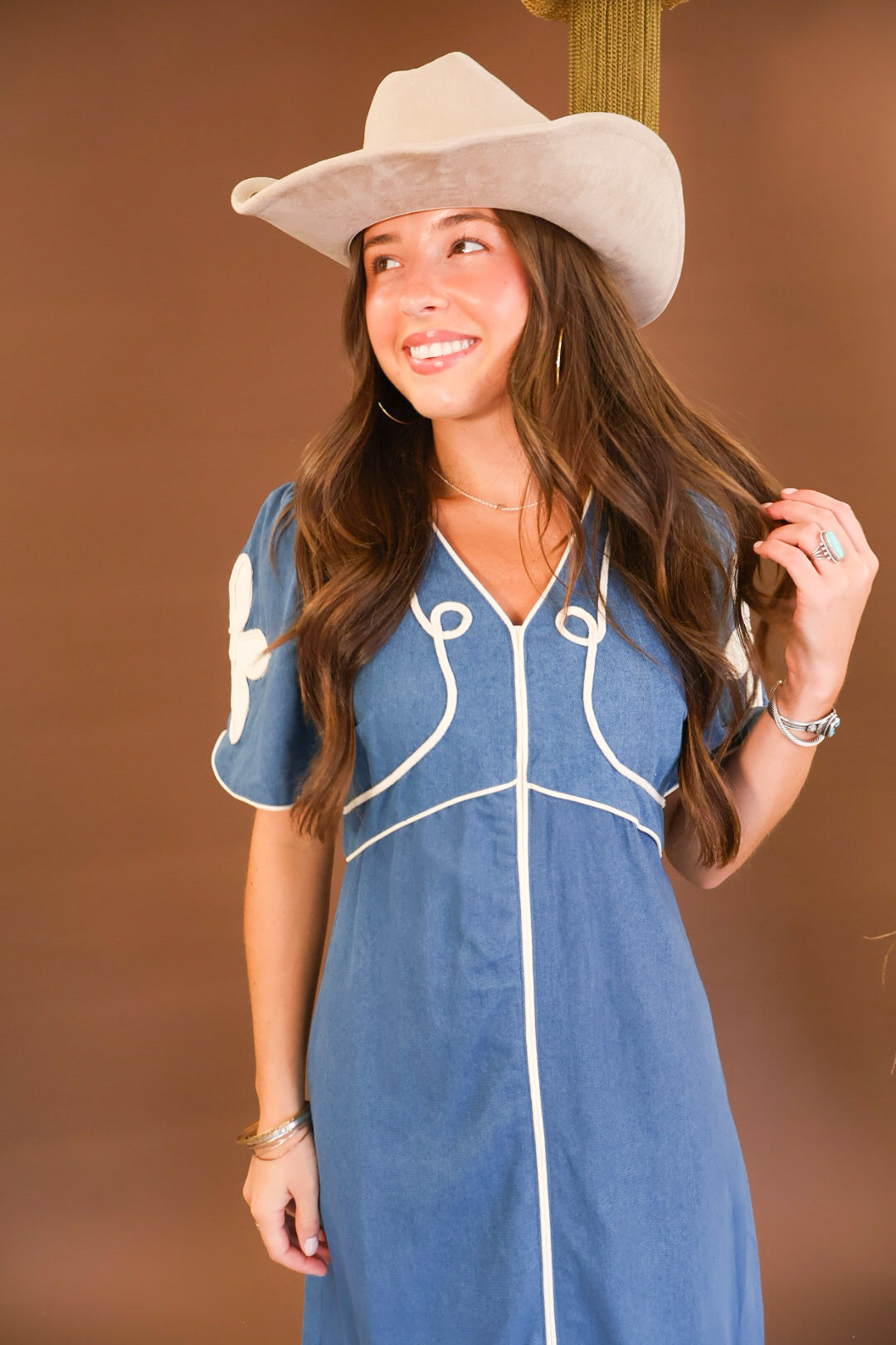 Denim maxi dress with floral embroidery and front slit