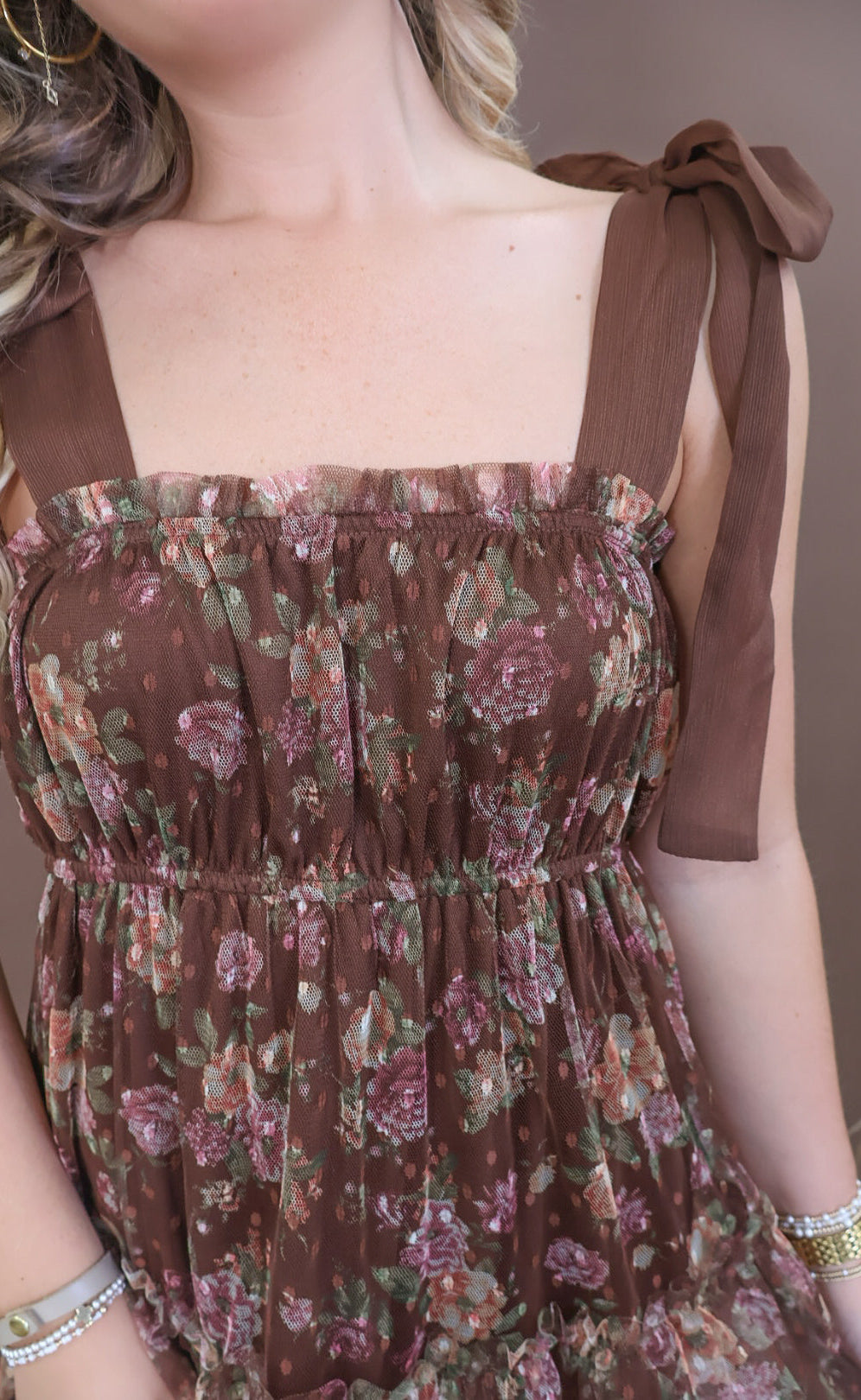 Chocolate floral mesh tiered midi dress with shoulder ties and smocked back