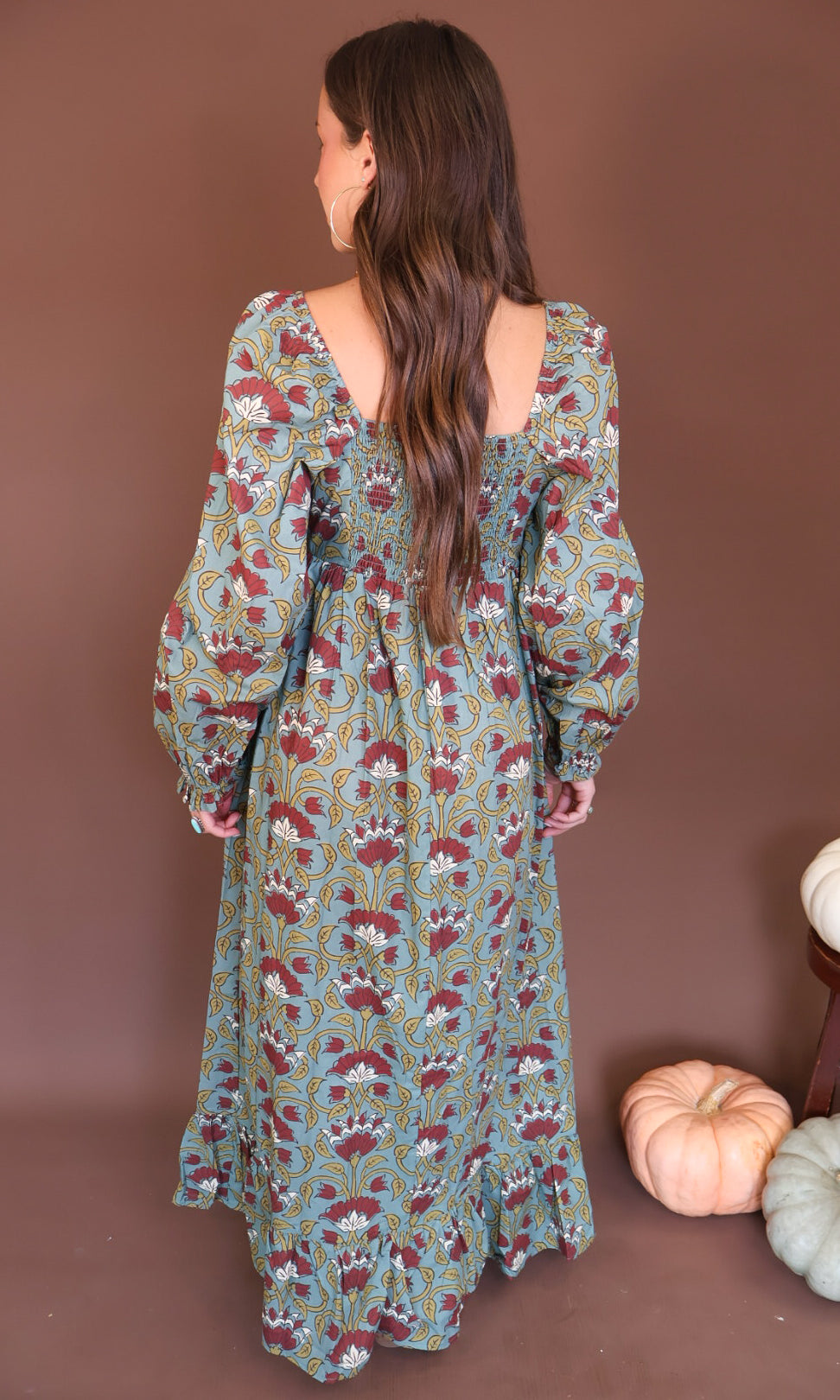 Sage And Burgundy Floral Long Sleeve Maxi Dress — back view.