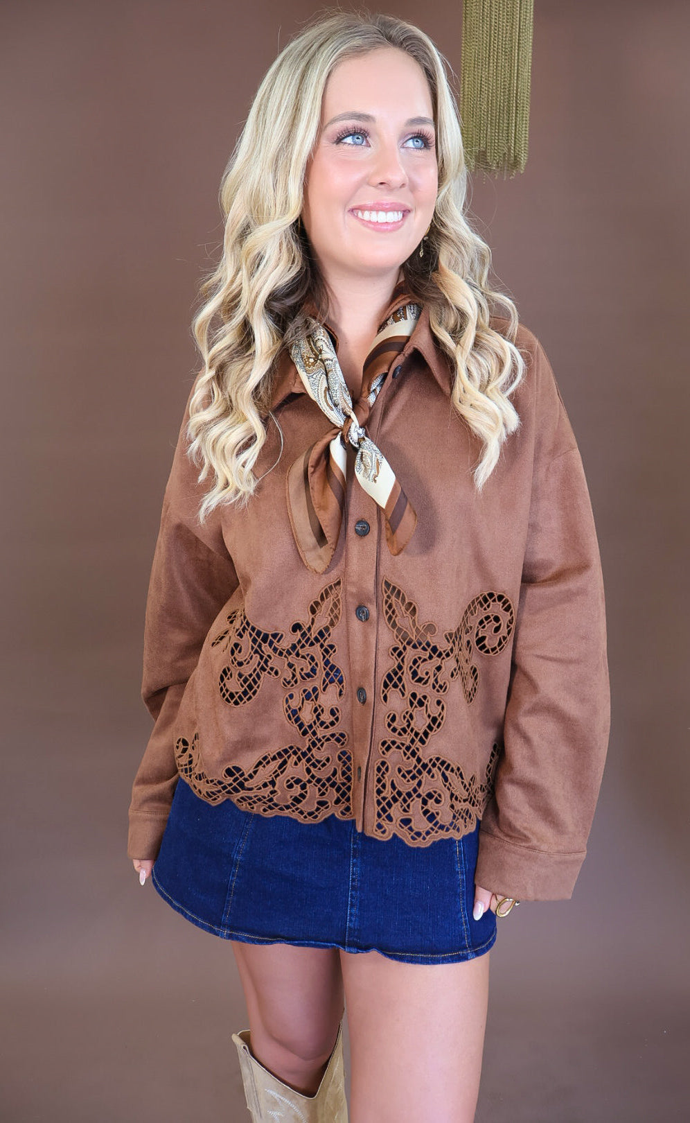 Chocolate faux suede shirt jacket with sheer cutout hem