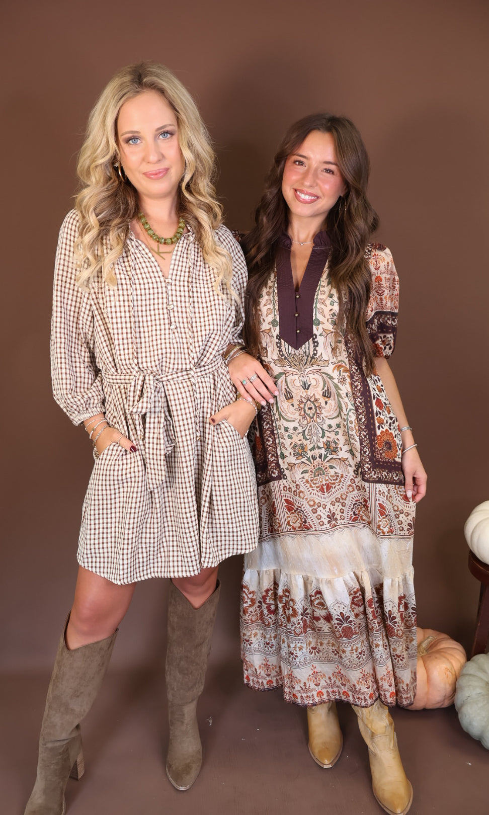 Brown Plaid Tie-Waist Shirt Dress — styled beside a printed midi dress.