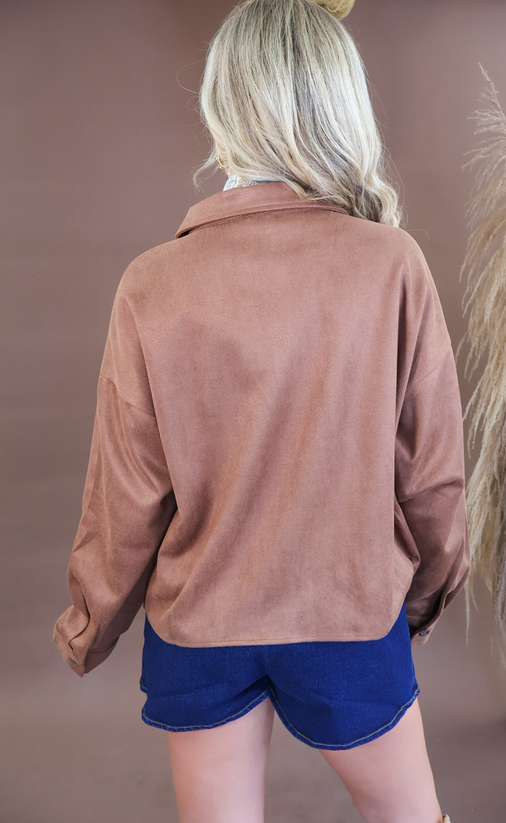 Chocolate faux suede shirt jacket with sheer cutout hem