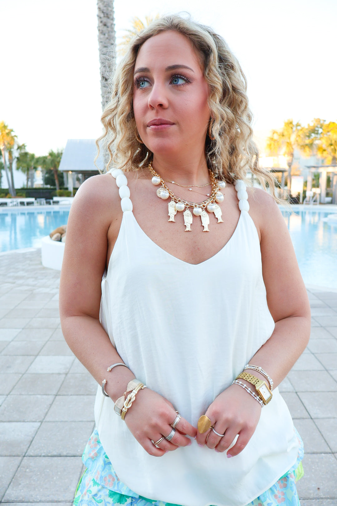 V-Neck Beaded Strap Tank Top
- Ivory