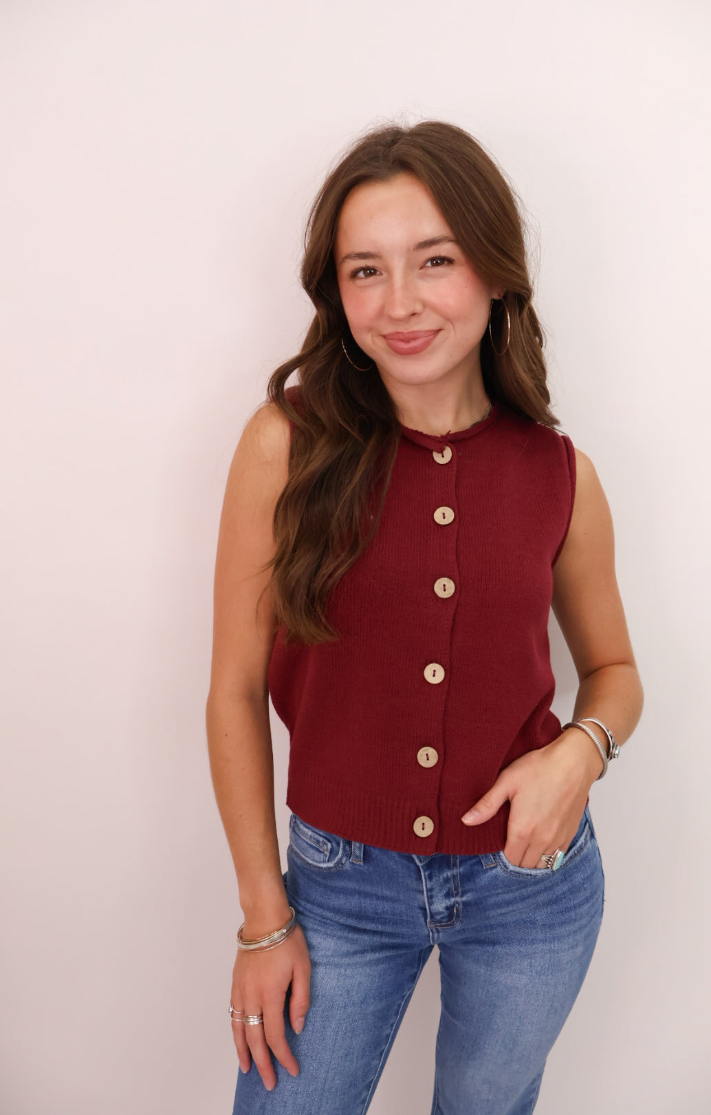 Sleeveless Button Front Knit Vest Top - Burgundy