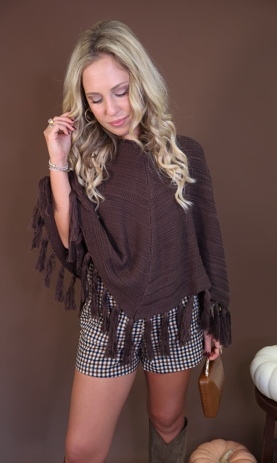 Brown Plaid Pocket-Front Shorts — full outfit with a crochet poncho.