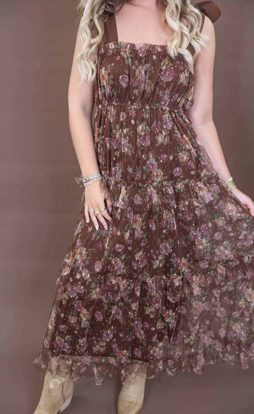 Chocolate floral mesh tiered midi dress with shoulder ties and smocked back