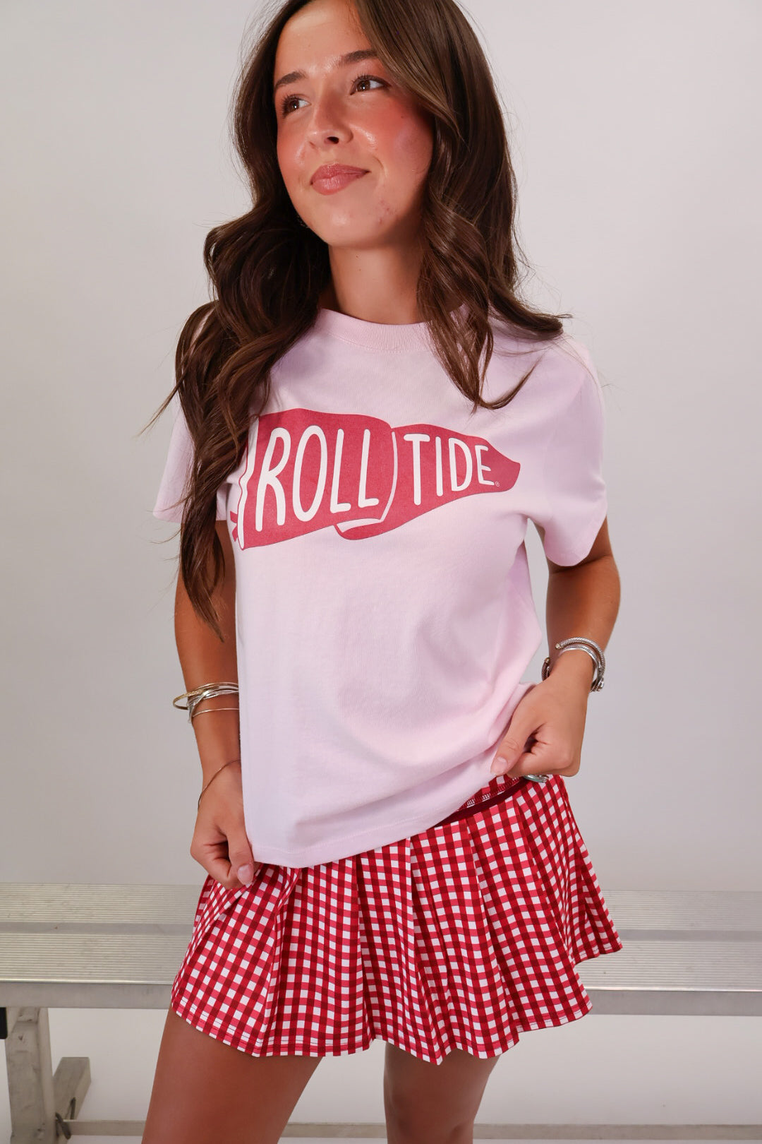 Pink Alabama Roll Tide flag crop tee on model