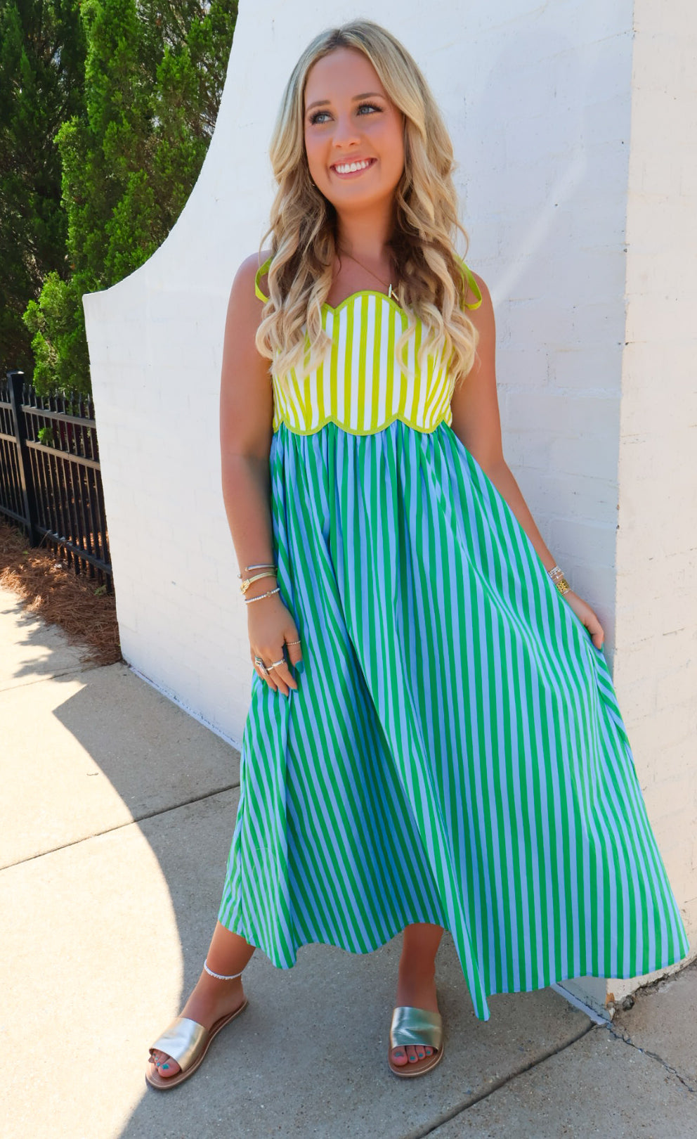 Kiwi and Lime Striped Scallop Midi Dress
