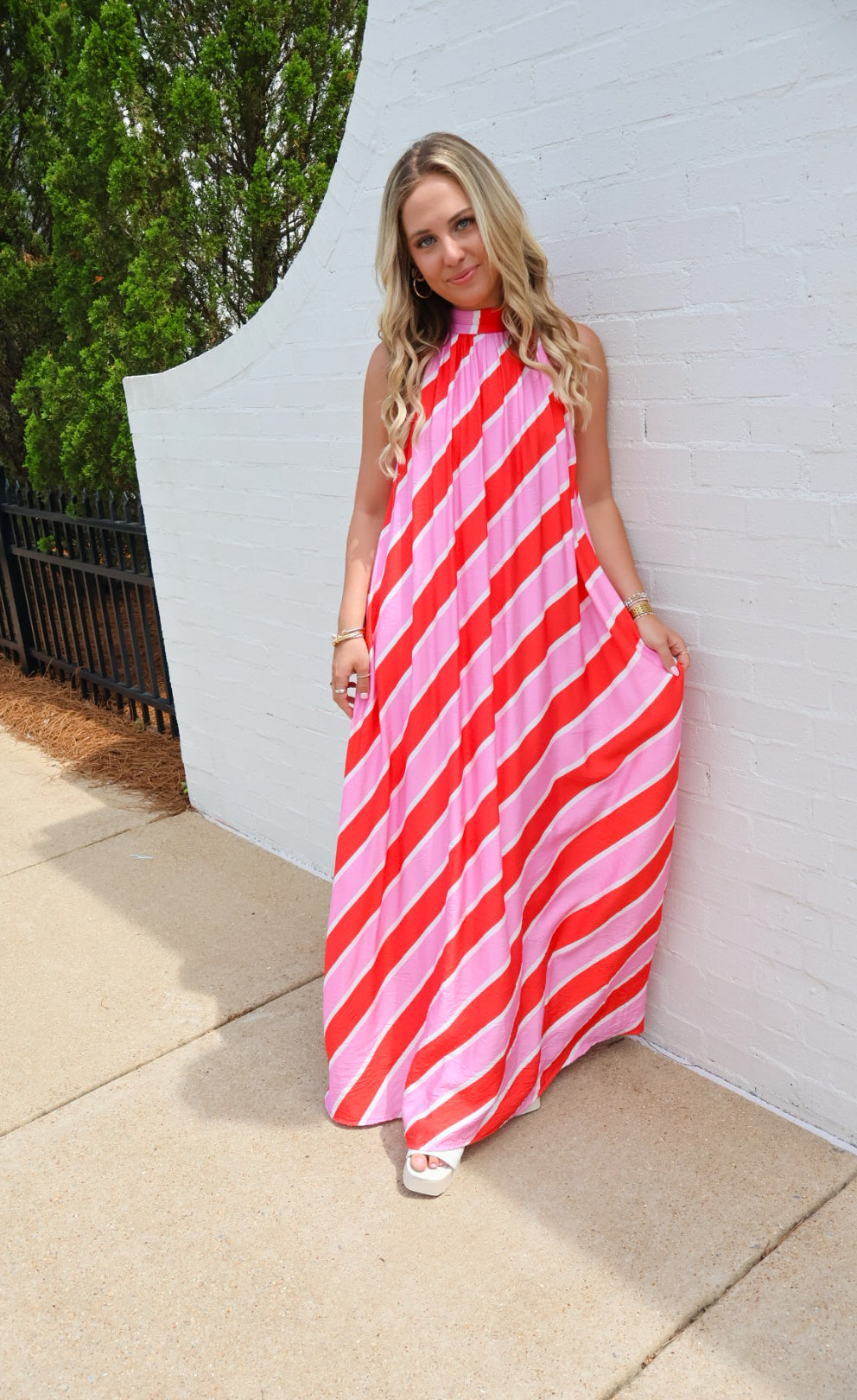 Pink Striped Halter Maxi Dress