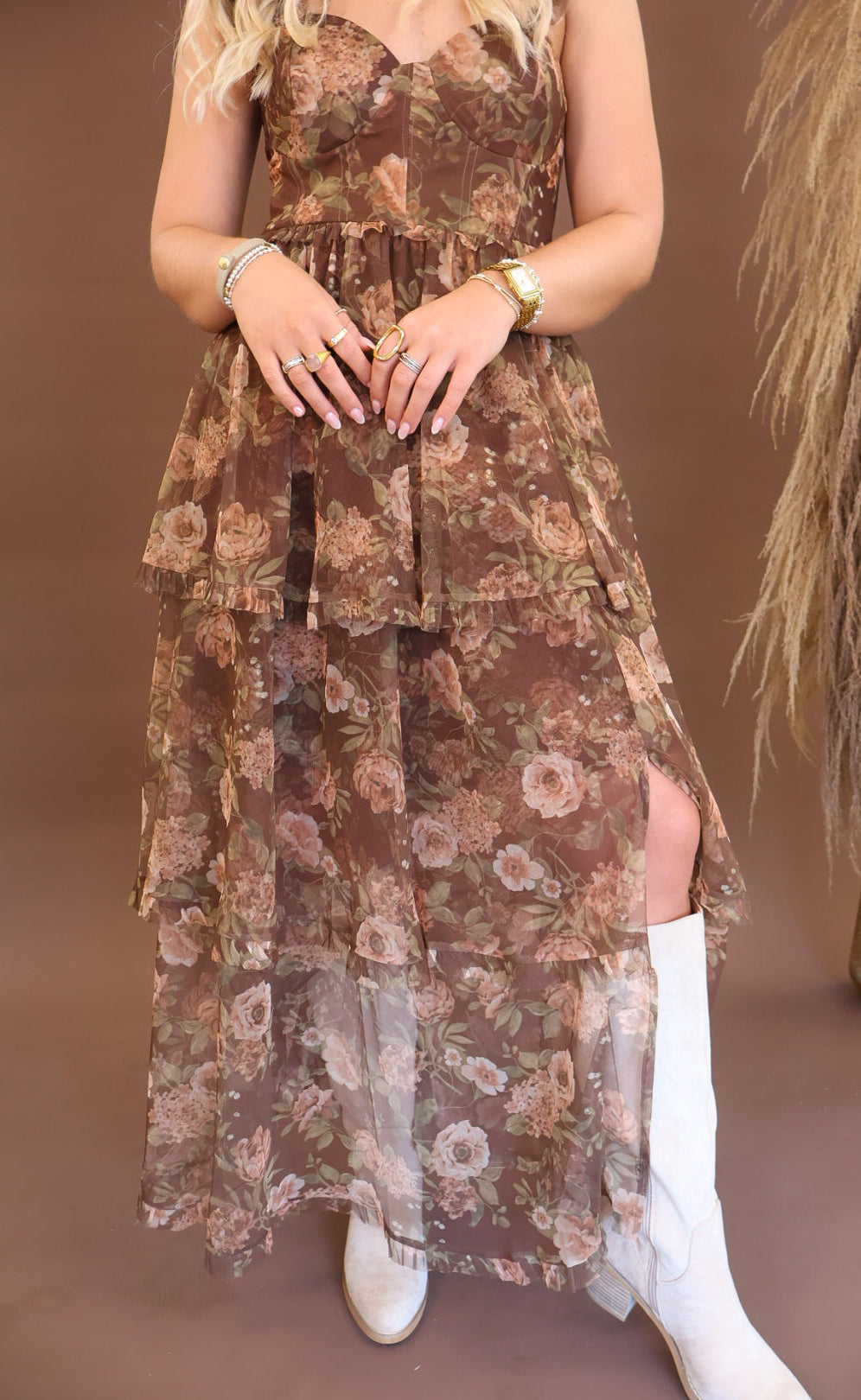 Chocolate floral mesh dress with ruffle straps and side slit