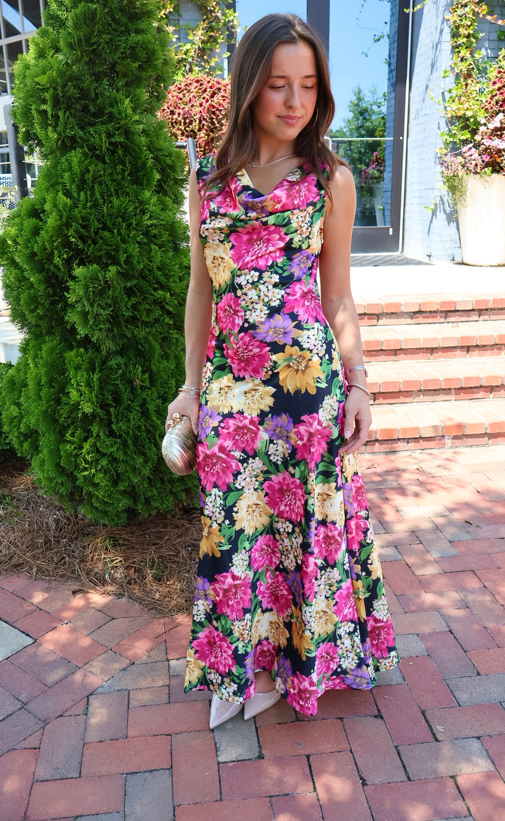 Black floral satin maxi dress with twisted straps and a draped cowl neckline