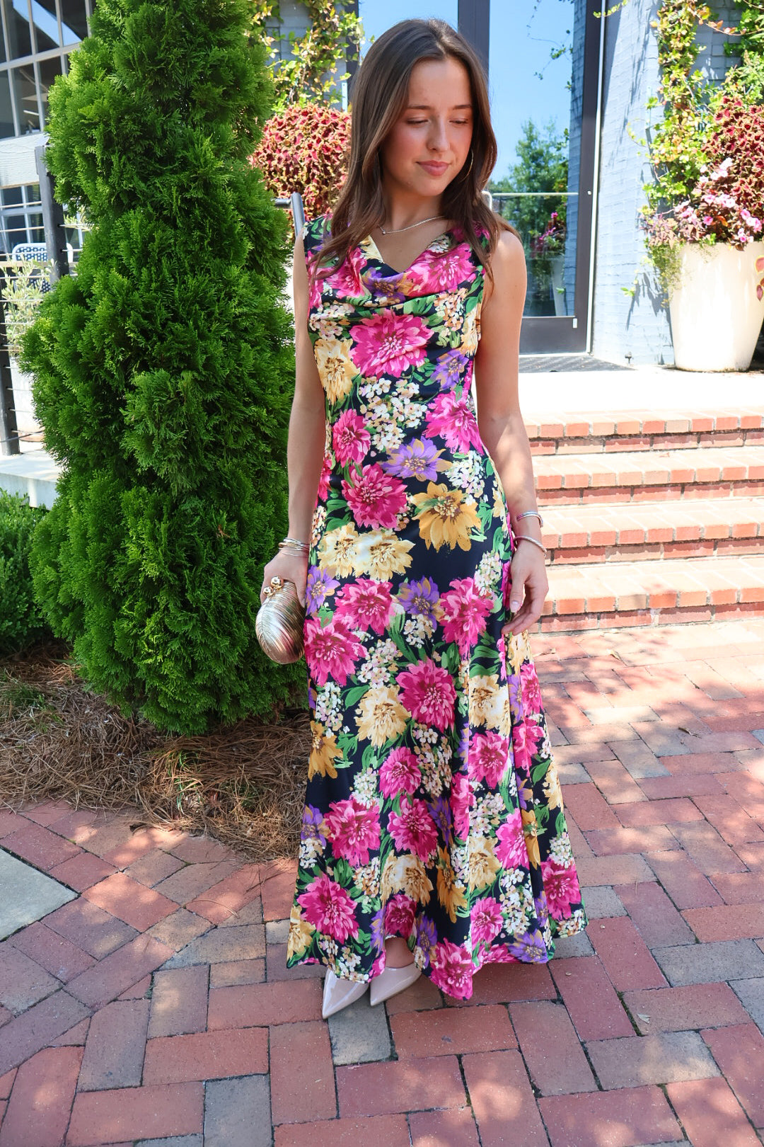 Black floral satin maxi dress with twisted straps and a draped cowl neckline