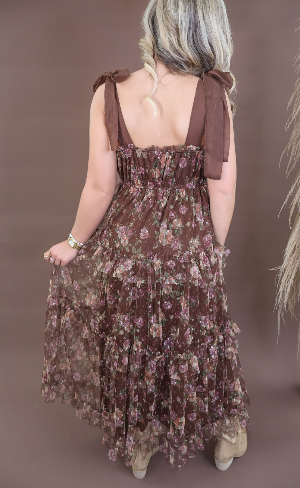 Chocolate floral mesh tiered midi dress with shoulder ties and smocked back