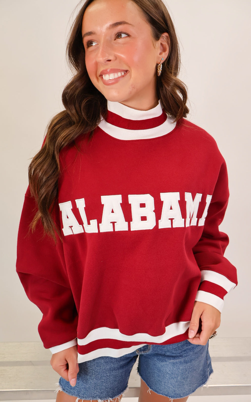 Crimson Alabama varsity mockneck pullover with white appliqué lettering — view 2