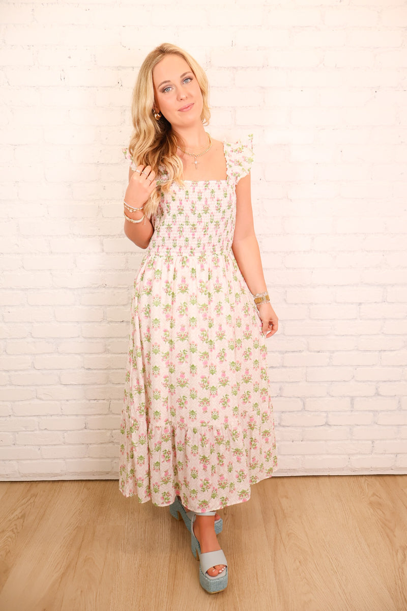 pink floral smocked dress Sutton Pink Floral Smocked Midi Dress
