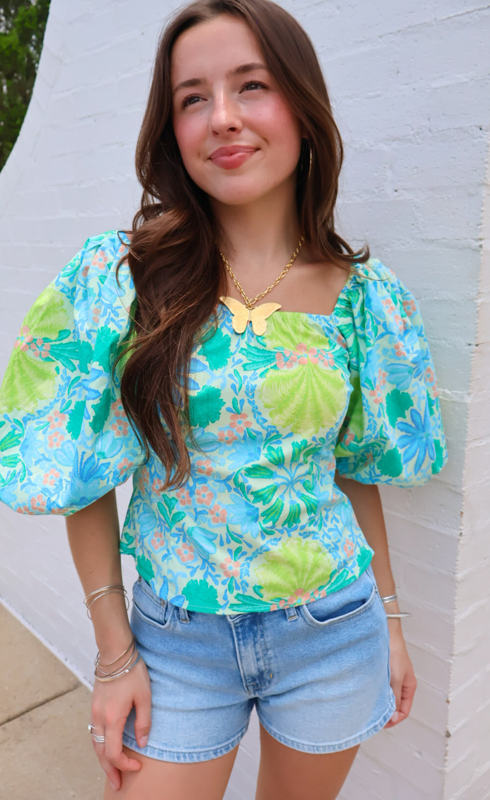Green and Blue Floral Puff Sleeve Top