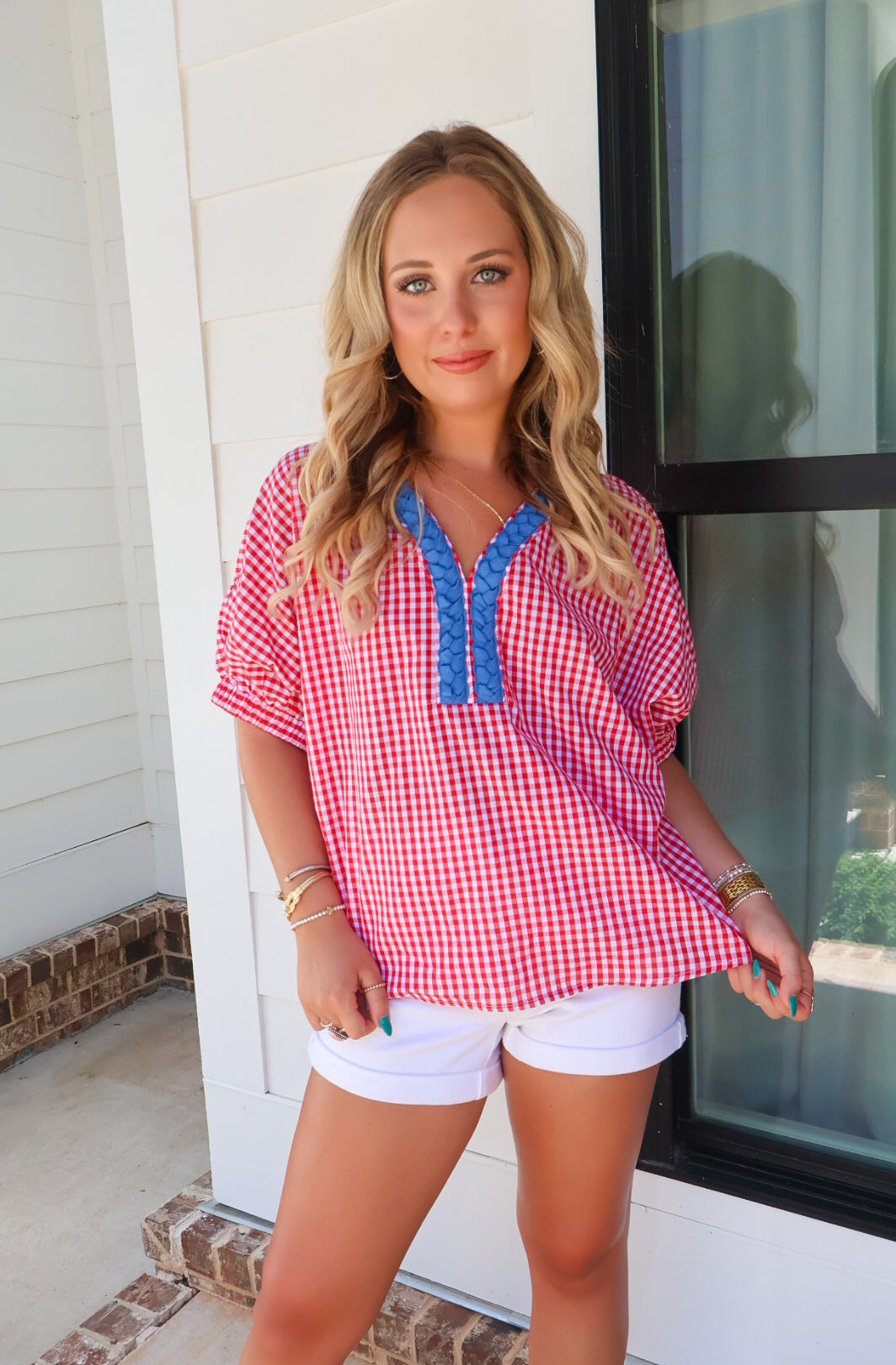Red Gingham Top with Blue Braided Trim