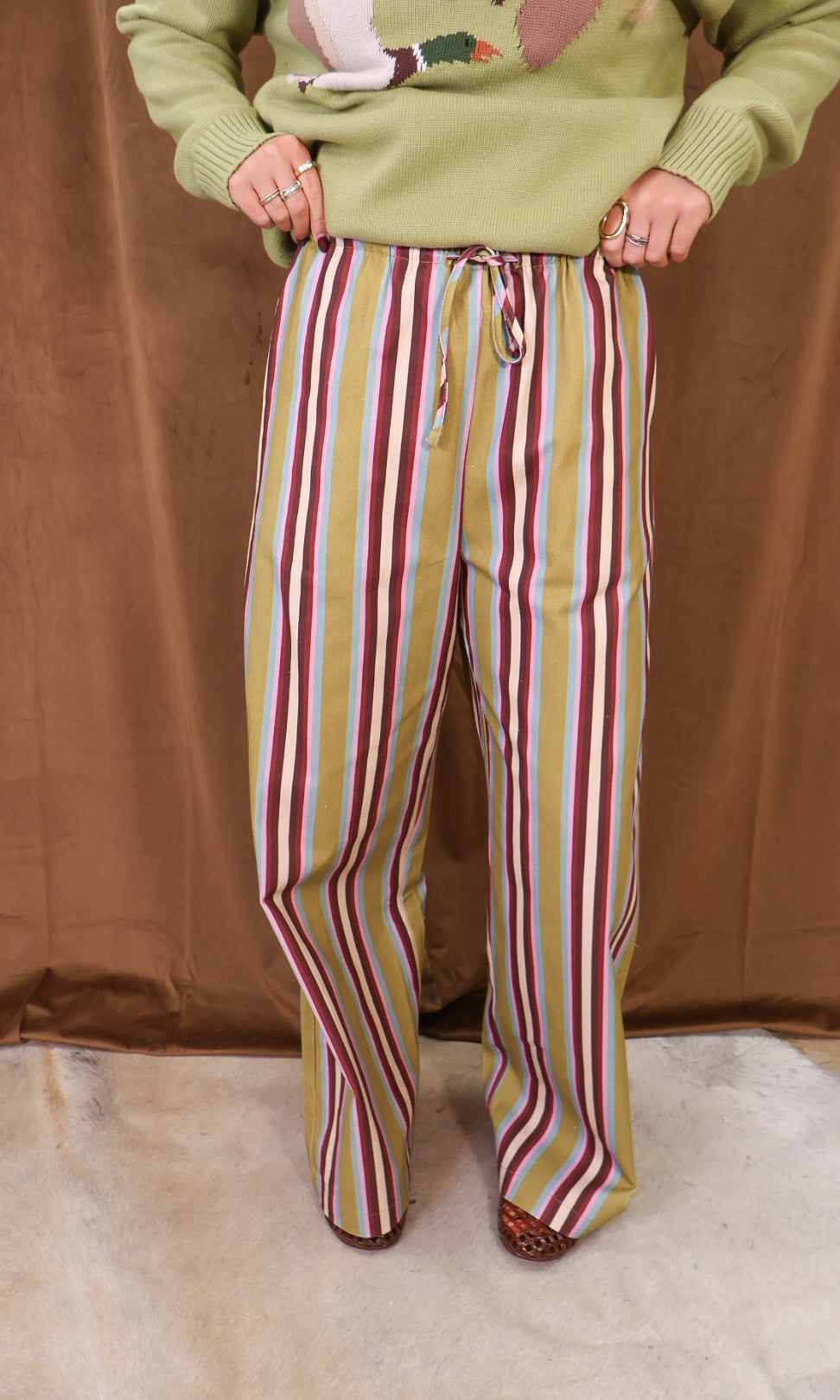 Multicolor Striped Wide Leg Pants — front view.