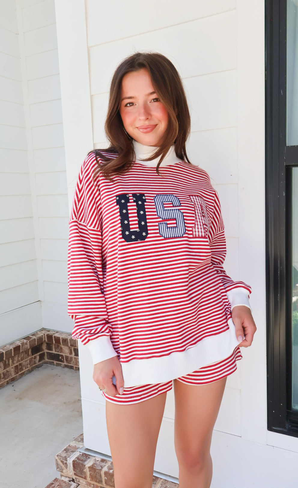 USA Patchwork Mockneck Pullover & Shorts Set