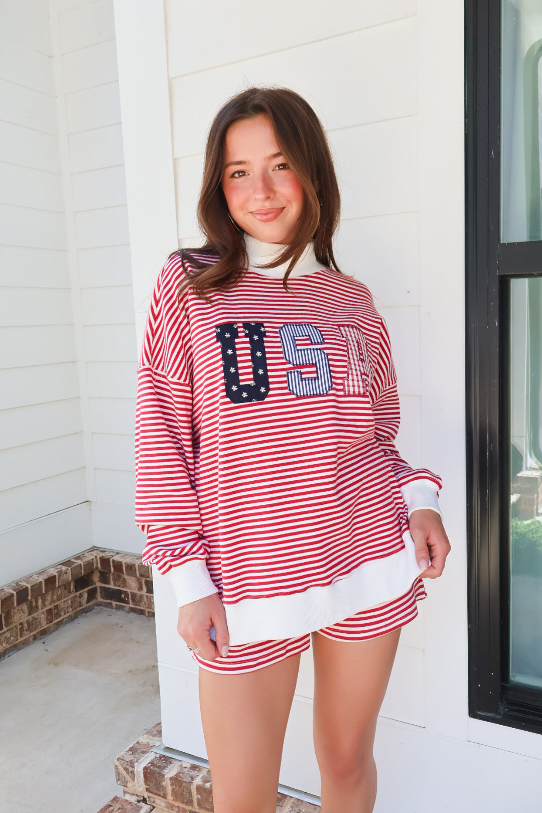USA Patchwork Mockneck Pullover & Shorts Set
