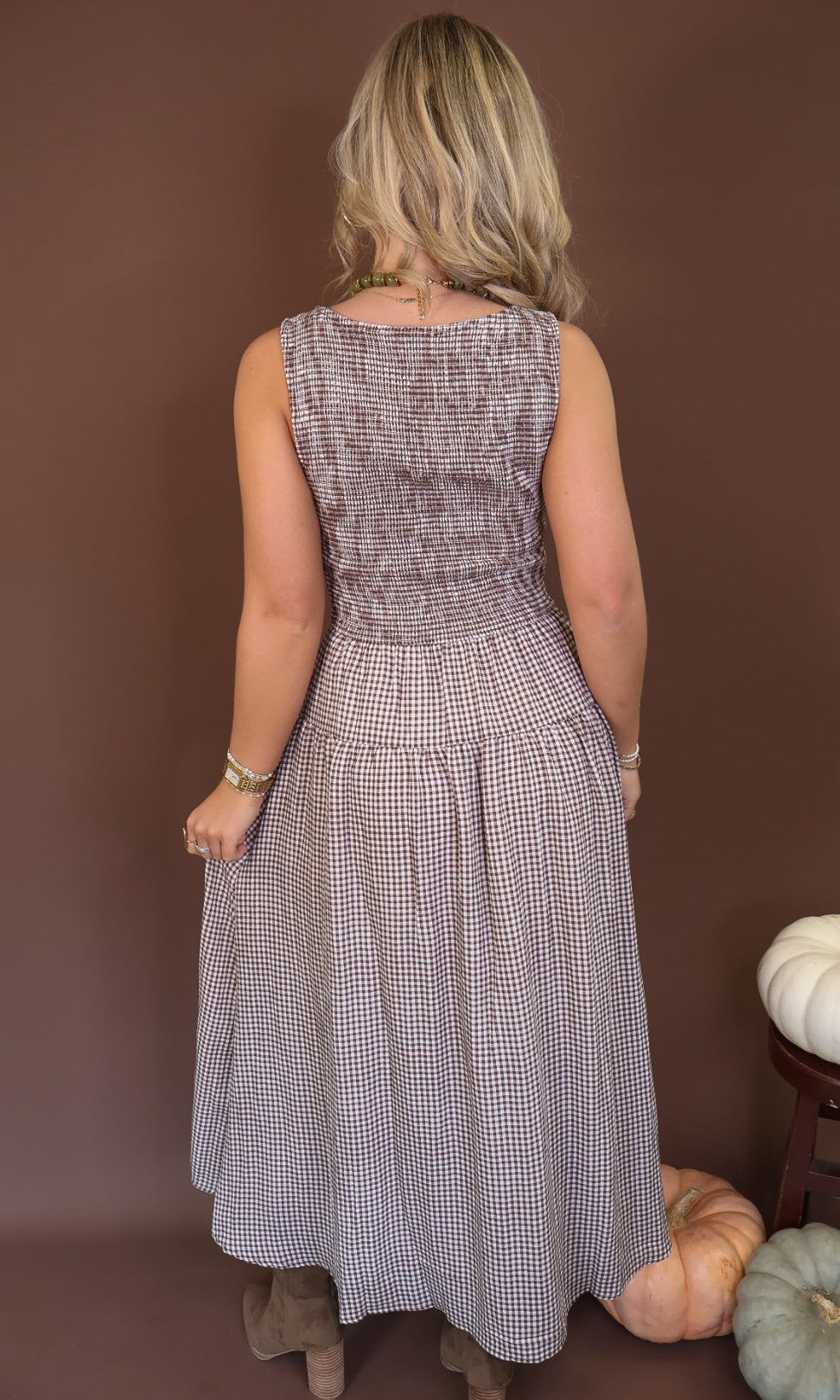 Brown Gingham Smocked Sleeveless Midi Dress — back view.