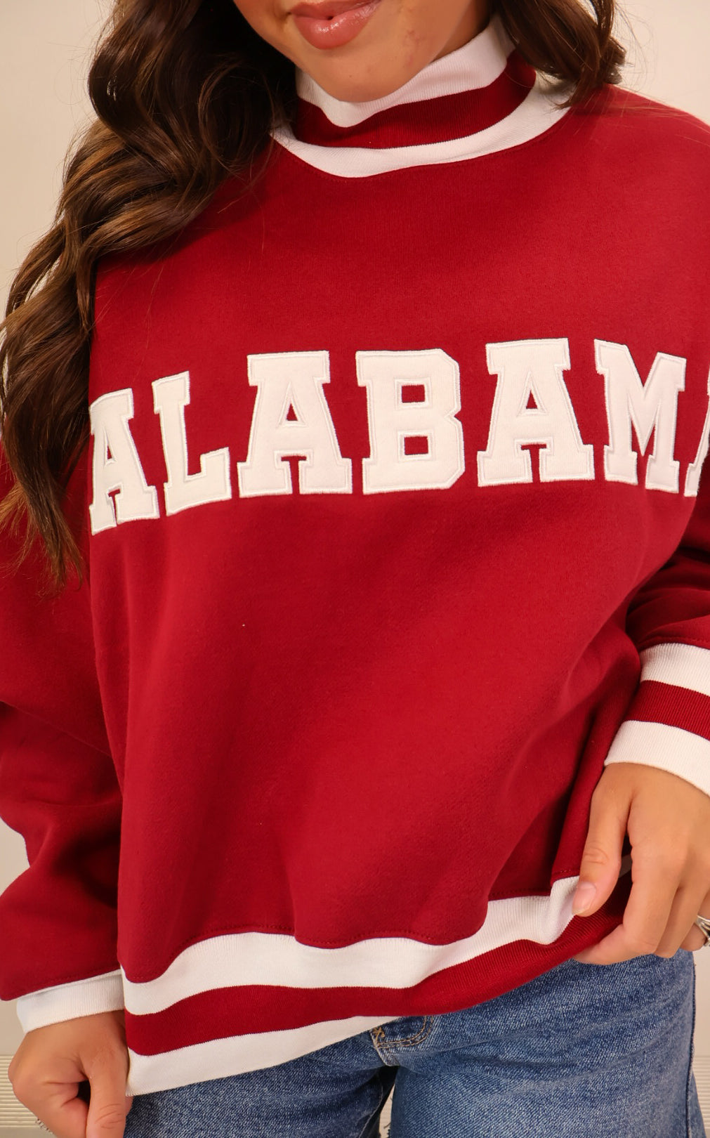 Crimson Alabama varsity mockneck pullover with white appliqué lettering — view 6