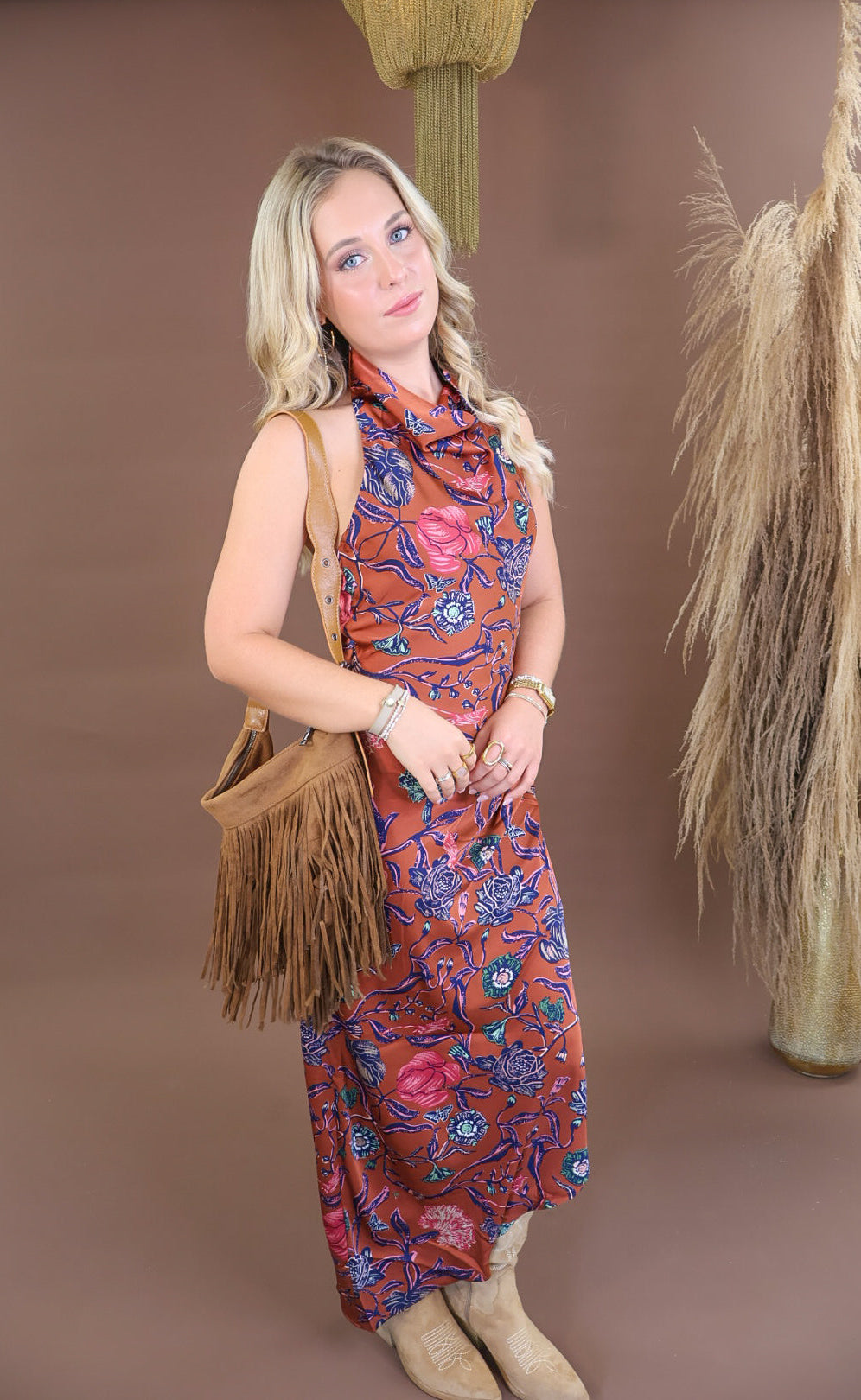 Rust floral satin cowl neck maxi dress with open back