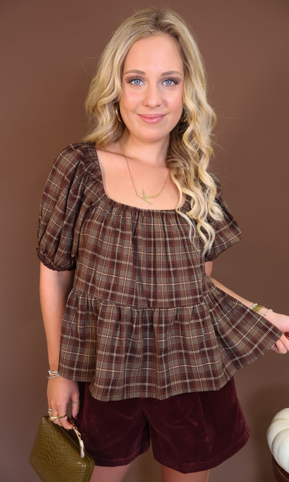 Brown Plaid Puff Sleeve Babydoll Top — front view showing gathered hem.